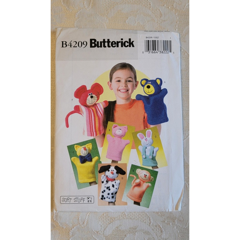 Butterick B4209 Soft Stuff Animal Hand Puppets Sewing Pattern Uncut Bear Cat Dog